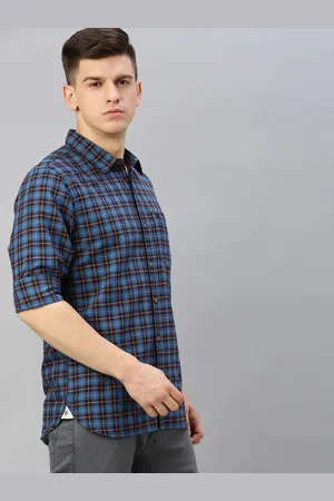 Wrogn navy blue slim best sale fit checked casual shirt