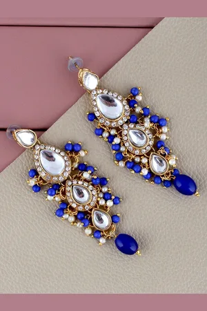 Lucky Jewellery Gold-Plated Leaf Shaped Kundan Chandbalis