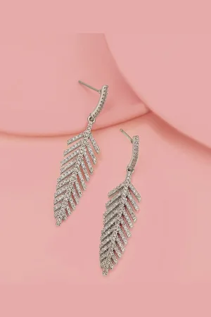 Carlton London Women Silver-Plated CZ Studded Leaf Shaped Drop Earrings