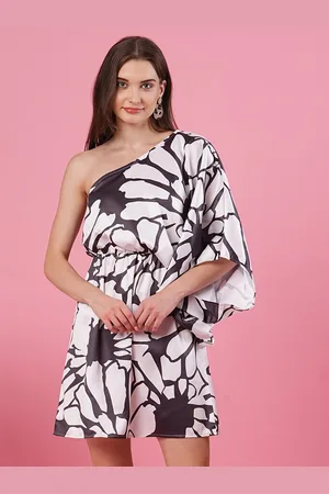 Globus Print One Shoulder Batwing Sleeve Satin A-Line Mini Dress