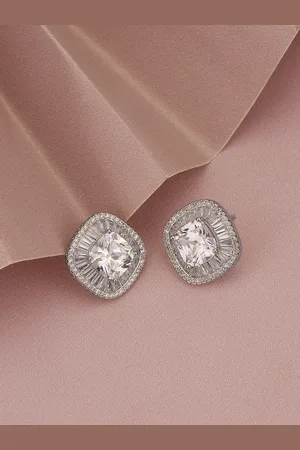 Carlton London Women Silver-Plated CZ Studded Square Studs Earrings