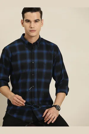 HANCOCK Men Comfort Slim Fit Tartan Checked Button-Down Collar Flannel Weave Cotton Shirt