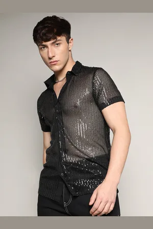 Campus Relaxed Sheer Sequins Spread Collar Short Sleeves Casual Shirt