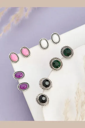 ATIBELLE Set Of 5 Silver-Plated Stone-Studded & Beaded Contemporary Studs Earrings