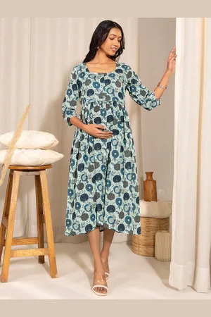 Janasya Floral Printed Cotton Maternity Fit & Flare Dress