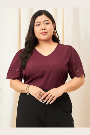 Berrylush Plus Size Maroon V-Neck Puff Sleeves Top