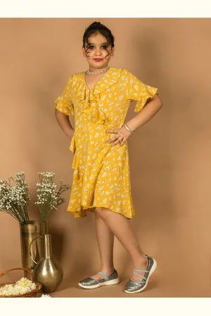 HERE&NOW Girls Floral Print V-Neck Flared Sleeve Ruffles A-Line Dress