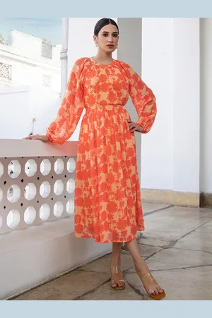 Janasya Floral Printed Puff Sleeves Georgette Top With Skirt