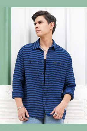 LocoMotive Men Premium Dobby Textured Striped Utility Pocket Overshirt