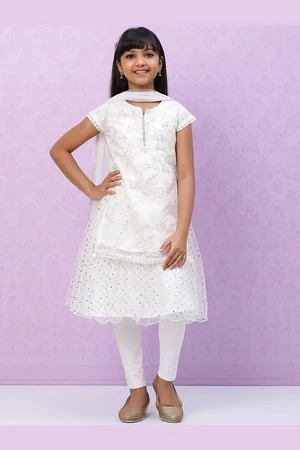 Biba Girls White Embroidered Regular Kurta with Churidar & Dupatta