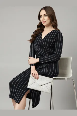 SHOWOFF Striped V-Neck Full Sleeves Ruffles Knee Length Bodycon Dress