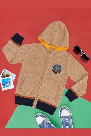 Pantaloons Boys Hooded Neck Long Sleeves Zip Detail Acrylic Cardigan Sweater