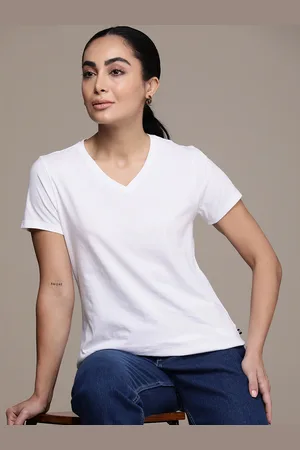 Nautica Women White Solid V-Neck Pure Cotton T-shirt