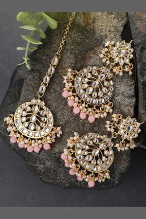 Peora Traditional Jewellery 18K Gold-Plated Kundan & Pearl Studded Maang Tikka Earring Set