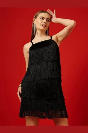 STREET 9 Black Fringed Shoulder Straps Satin Bodycon Dress