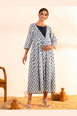 Janasya White Floral Printed Round Neck Gathered Maternity Cotton A-Line Maxi Dress