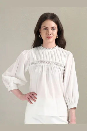 Ralph Lauren High Neck Puffed Sleeves Lace Inserts Pure Cotton Top