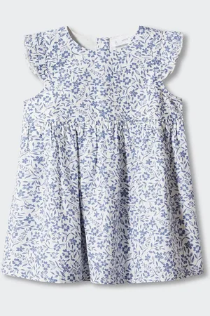 MANGO Girls Pure Cotton Floral Print Flutter Sleeves A-Line Mini Dress