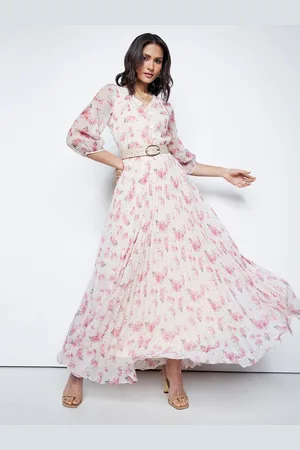 AND Foral Printed V-Neck Puff Sleeves Accordion Pleated Detailed Maxi Dress