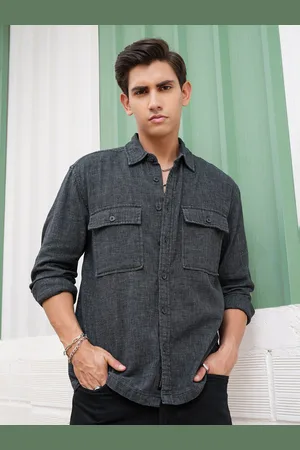 LocoMotive Men Premium Dobby Solid Utility Pocket Overshirt