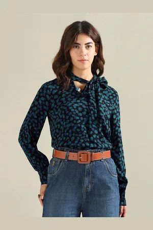 Ralph Lauren Abstract Print Tie-Up Neck Cuffed Sleeve Cotton Top