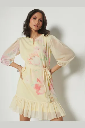 AND Floral Printed Puff Sleeves Gathered Detailed A-Line Dress