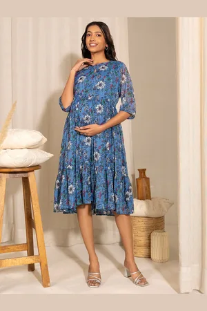 Janasya Floral Printed Keyhole Neck Georgette Maternity Nursing Fit & Flare Dress