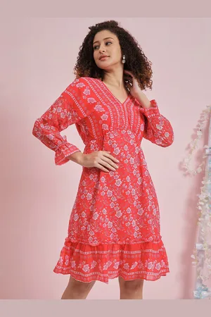 ATHENA Floral Printed Bell Sleeve Georgette Fit & Flare Dress