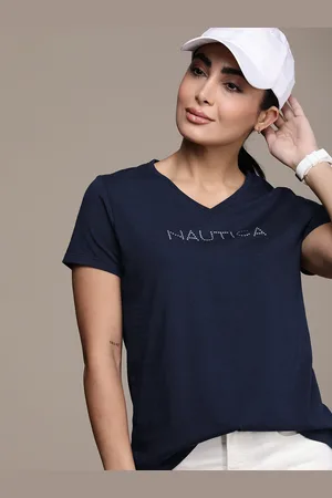 Nautica Women Navy Blue & White Pure Cotton Printed V-Neck T-shirt