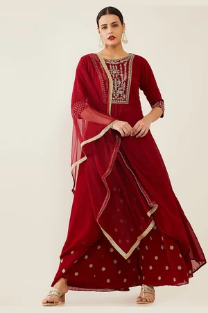 women maroon floral embroidered empire zardozi kurti with skirt with dupatta