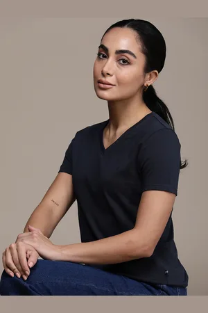 Nautica Women Navy Blue Solid Pure Cotton V-Neck Pure Cotton T-shirt