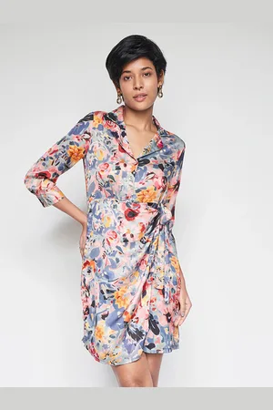 AND Floral Printed Lapel Collar Cuffed Sleeves Tie-Up Detailed A-Line Dress