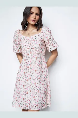 AND Floral Printed V-Neck Gathered Detailed A-Line Dress