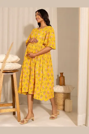 Janasya Floral Printed Flared Sleeves Cotton Maternity Fit & Flare Dress