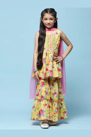 Biba Girls Floral Printed Pure Cotton Straight Kurta With Sharara & Dupatta