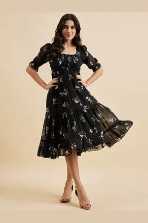 Azira Floral Print Square Neck Puff Sleeve Georgette Fit & Flare Midi Tiered Dress
