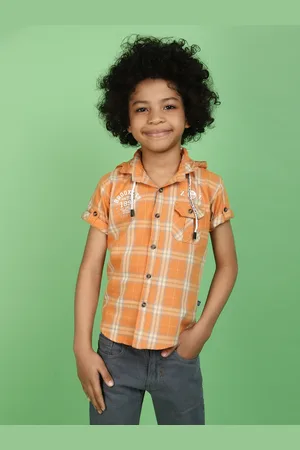 V-Mart Boys Tartan Checked Hooded Roll-Up Sleeves Twill Weave Cotton Casual Shirt