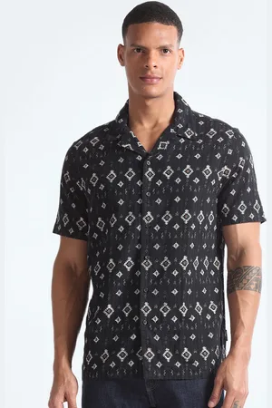 Flying Machine Cuban Collar Ethnic Motif Printed Seersucker Pure Cotton Casual Shirt