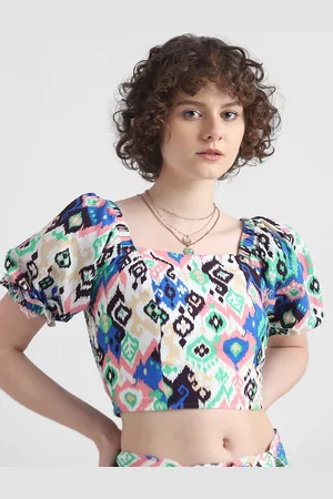 ONLY Ethnic Motifs Printed Square Neck Puff Sleeve Regular Crop Top