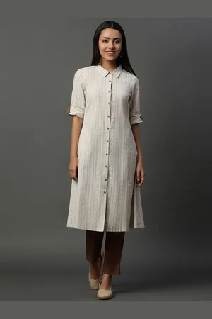 AURELIA Striped Shirt Collar Roll-Up Sleeves A-Line Kurta