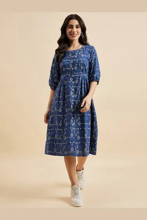 Azira Abstract Print Square Neck Three-Quarter Sleeves A-Line Midi Dress
