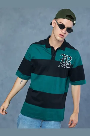 Bewakoof Green Striped Polo Collar Short Sleeves Cotton Oversized T-shirt