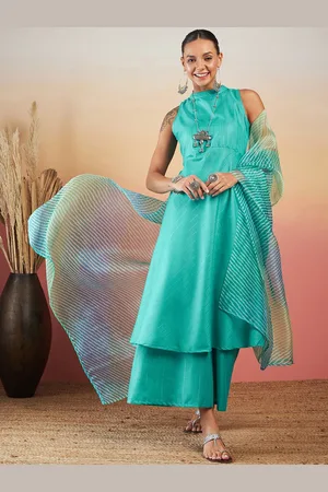 InWeave Striped High Neck Anarkali Kurta with Palazzos & Dupatta