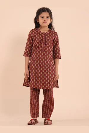 Sangria Girls Ethnic Motifs Printed Pure Cotton Kurta With Trouser Set