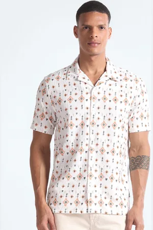 Flying Machine Cuban Collar Ethnic Motif Printed Seersucker Cotton Casual Shirt
