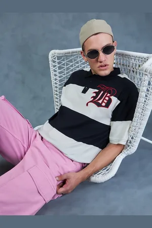 Bewakoof White Striped Polo Collar Short Sleeves Cotton Oversized T-shirt