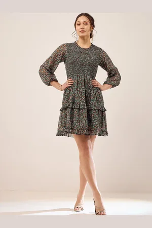 Antheaa Black Floral Printed Puff Sleeves Smocked Chiffon Fit & Flare Dress