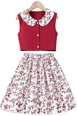 Stylecast Red Girls Printed Top with Skirt