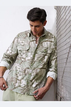 LocoMotive Men Premium Waffle Dobby Textured Printed Utility Pocket Overshirt