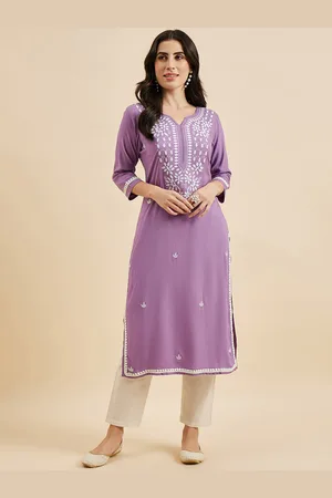 Azira Floral Embroidered Round Neck Thread Work Straight Kurta